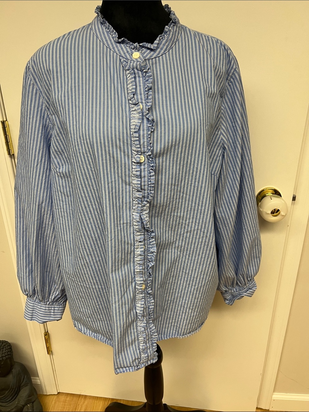 Old Navy Light Blue and White Striped Ruffle-Trim Button-Down Shirt